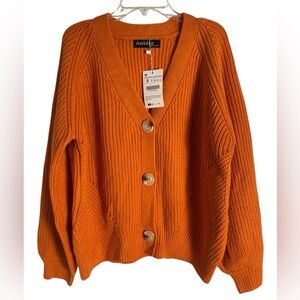 Asskdan Women’s V-Neck Button Down Knit Lantern Sleeves Cardigan Size Small